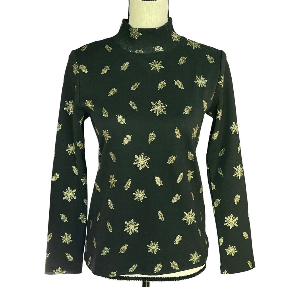 Karen Scott Petite Small PS Top Holiday Snowflake Long Sleeve Stretch Mock Neck